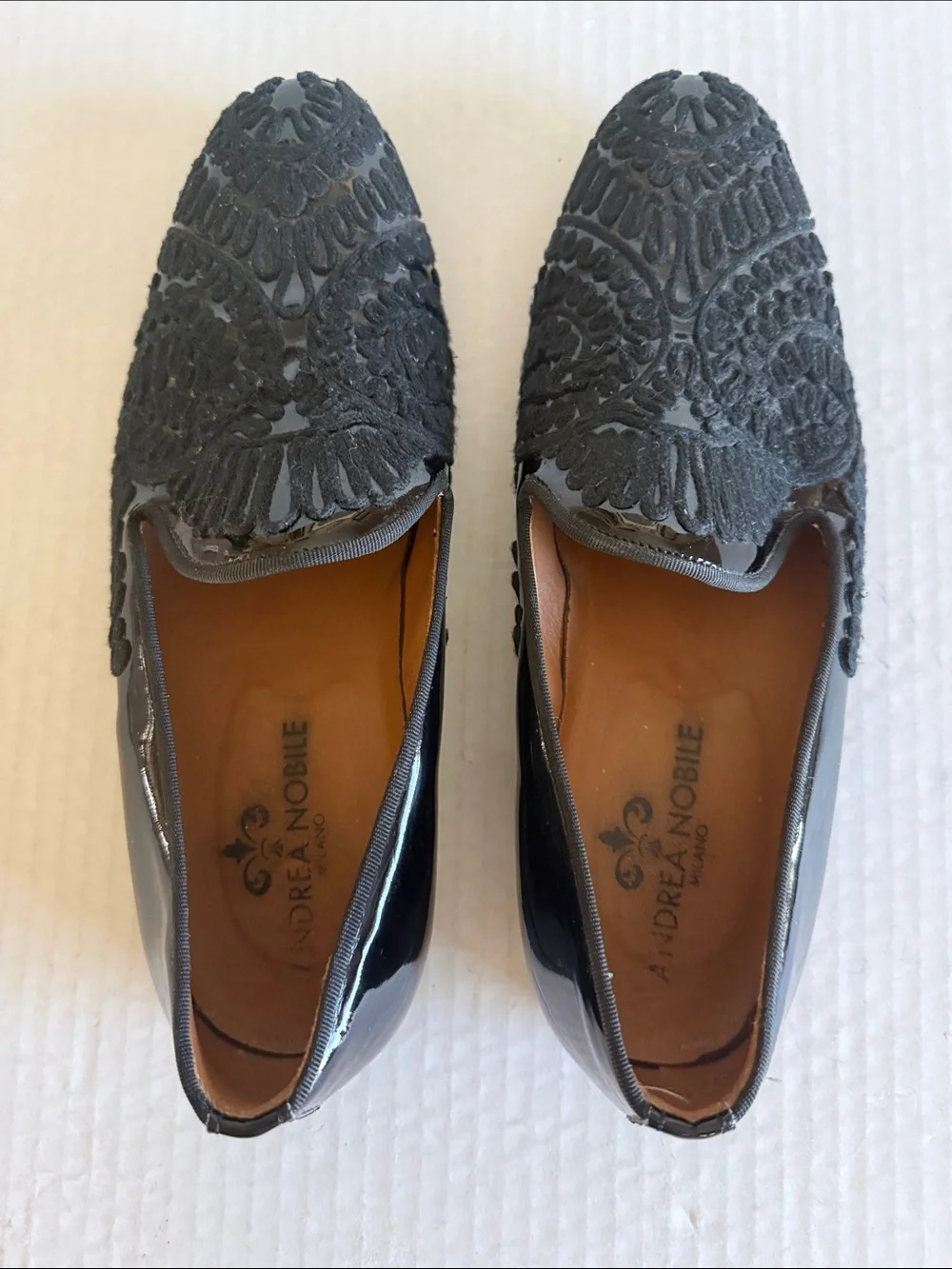 Andrea Nobile Black Patent Leather With Raised  Embroidered Braiding Loafers